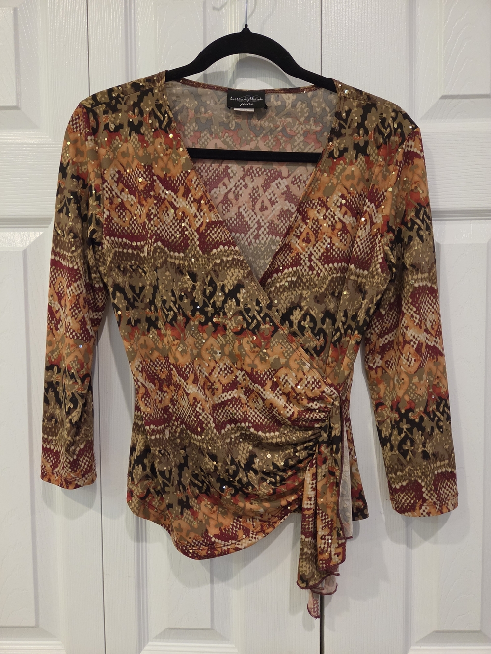 Vintage y2k Brittany Black Snake Skin Sequin Faux Wrap Blouse